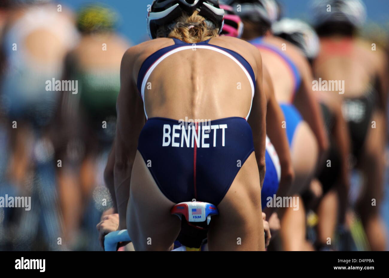 Laura Bennett of USA cycles during the women`s Triathlon final at the Ming Tomb Reservoir at the Beijing 2008 Olympic Games, Beijing, China, 18 August 2008. Pilz placed 26th. Photo: Bernd Thissen dpa (c) dpa - Bildfunk Stock Photo